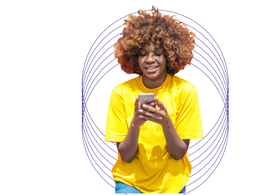 Hero of a girl in yelloshirt pressing her phone